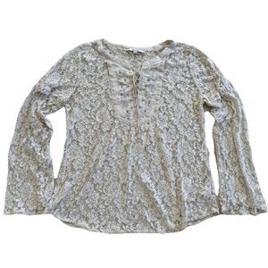 MISS ME Womens Blouse Size Medium Sheer Lace Tie Up Top Bell Sleeve Beaded Shirt